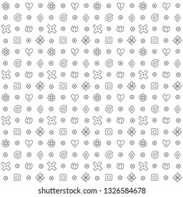 Geometric vector seamless pattern with different geometrical hand drawn forms. Square, triangle, rectangle, dots, circles, hearts, flowers. Graphic design. Abstract background black white Illustration