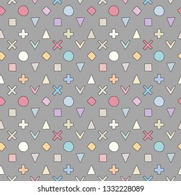 Geometric vector seamless pattern with different geometrical hand drawn childlike elements, forms. Square, triangle, rectangle, dots, circles, heart. Graphic design. Abstract childish background.
