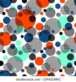 Geometric vector seamless pattern. Dots and lines. Decorative illustration, good for printing. Great for label, print, packaging, fabric. Lush lava, aqua menthe, classic blue. Trendy colours 2020. 