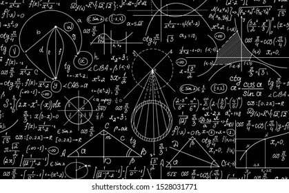 Geometric vector seamless pattern with handwritten math formulas, plots and figures