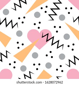 Geometric vector seamless pattern. Heart, triangle, circle seamless texture. Valentine's day, wedding, love. Textiles, wrapping paper, wallpaper design, packaging. Pastel colors. Stock illustration.