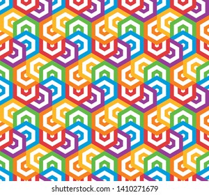 Geometric Vector Seamless Pattern with Hexagon Shapes. Fun Stylish Texture with Cheerful Design, Green, Yellow, Orange, Red, Purple, and Blue Colors.