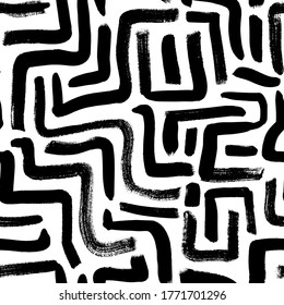 Geometric vector seamless pattern. Labyrinth and maze grunge brush stroke pattern. Square and rectangle scribble lines. Mosaic hand drawn ink illustration. Black paint geometric background.