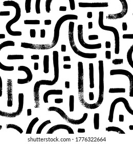 Geometric vector seamless pattern, labyrinth and mosaic motives. Memphis style geometric ornament. Grunge circular brush strokes, dashes. Hand drawn ink illustration. Hipster black paint background.