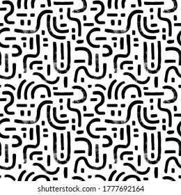 Geometric vector seamless pattern, labyrinth and mosaic motives. Memphis style geometric ornament. Grunge circular brush strokes, dashes. Hand drawn ink illustration. Hipster black paint background.