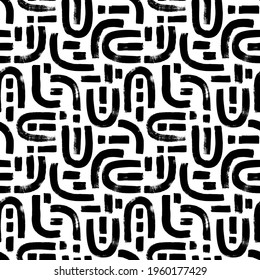 Geometric vector seamless pattern, labyrinth and mosaic motives. Memphis style geometric ornament. Grunge circular brush strokes, dashes. Hand drawn ink illustration. Hipster black paint background.
