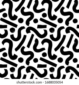 Geometric vector seamless pattern in Memphis style. Grunge brush stroke waves, circles and stripes. Hand drawn rough ink illustration. Hipster black paint geometric background.