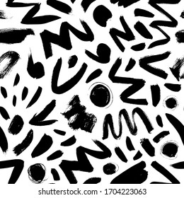 Geometric vector seamless pattern in Memphis style. Grunge brush stroke dots, circles, zig zag lines and dashes. Hand drawn ink illustration. Hipster black paint geometric background. 