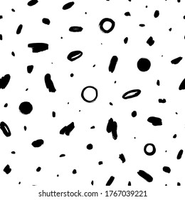 Geometric vector seamless pattern in Memphis style. Grunge brush stroke, circles, dots and shapes. Hand drawn ink illustration in eighties and nineties style. Hipster black paint geometric background.