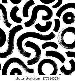 Geometric vector seamless pattern in Memphis style. Grunge brush stroke wavy lines and circles. Hand drawn ink illustration with bold curved lines. Hipster black paint geometric background. 