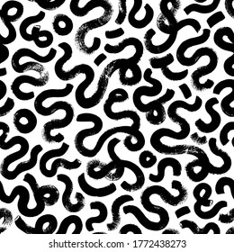 Geometric vector seamless pattern in Memphis style. Grunge brush stroke wavy lines and circles. Hand drawn organic ink illustration with bold curved lines. Hipster black paint geometric background. 