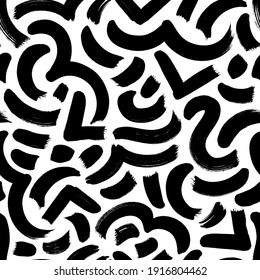 Geometric vector seamless pattern in Memphis style. Grunge rough brushstrokes, wavy lines, dashes, triangles. Hand drawn black ink illustration. Hipster black paint geometric background.