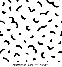 Geometric vector seamless pattern in Memphis style. Grunge rough brushstrokes, wavy lines, dashes, triangles. Hand drawn black ink illustration. Hipster black paint geometric background.