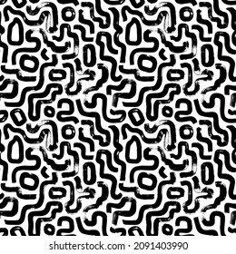 Geometric vector seamless pattern in Memphis style. Grunge brush stroke curly lines and circles. Monochrome organic shapes. Stylish structure of natural cells. Modern stylish texture with smooth maze.