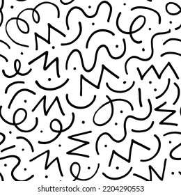 Geometric vector seamless pattern in Memphis style with thin curved and zig zag lines, dots. Black and white doodle texture. Retro fashion style 80-90s. Hand drawn ornament with thin brush strokes.