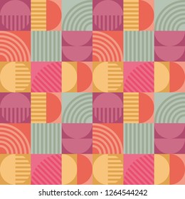 Geometric vector seamless pattern. Minimalistic abstract ornament. Multicolor background. Semispheres, stripes, rectangles. Simple shapes. Retro print. Poster, banner, wrapping paper backdrop