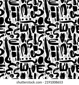 Geometric vector seamless pattern modern style . Black and white vector abstract background. Grunge straight brush stroke, triangles, circles, zigzag lines. Handdrawn ink illustration .