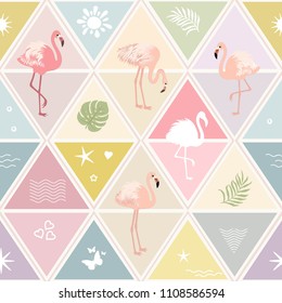 Geometric vector seamless pattern in pastel colors with flamingo