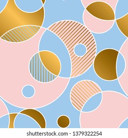 Geometric vector seamless pattern. Pink and blue circles textile ornament in retro style. Lines and rounds backdrop with golden gradient effect. Abstract textile ornament. Color shapes background