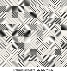 Geometric Vector Seamless Pattern. Random Rotated Lines in Square Tiles Memphis Design. Trendy Texture with Lines. Abstract Geometric Vector Background.