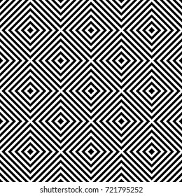 Geometric vector seamless pattern with repeated squares rotated diagonally. Tiles, stripes, inclined lines. Dynamic background for design