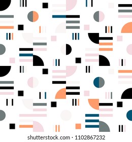 Geometric vector seamless pattern in retro style . Modern  background with circles, lines and other simple shapes.