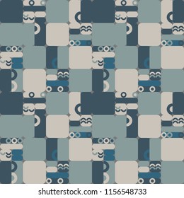 Geometric vector seamless pattern in retro style . Modern background with circles, semicircles, squares, lines and other simple shapes.