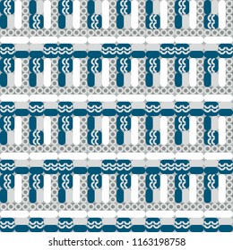 Geometric vector seamless pattern in retro style . Modern background with circles, semicircles, rounded squares, lines and other simple shapes.
