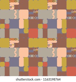 Geometric vector seamless pattern in retro style . Modern background with circles, semicircles, rounded squares, lines and other simple shapes.
