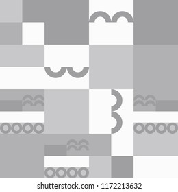 Geometric vector seamless pattern in retro style . Modern background with circles, semicircles, squares, lines and other simple shapes.