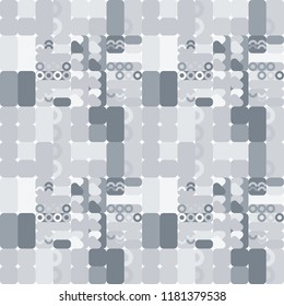 Geometric vector seamless pattern in retro style . Modern background with circles, semicircles, rounded squares, lines and other simple shapes.