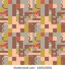 Geometric vector seamless pattern in retro style . Modern background with circles, semicircles, rounded squares, lines and other simple shapes.
