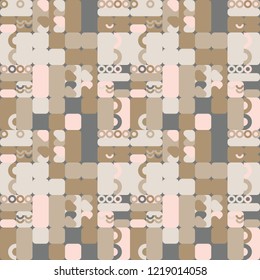 Geometric vector seamless pattern in retro style . Modern background with circles, semicircles, rounded squares, lines and other simple shapes.
