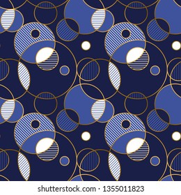 Geometric vector seamless pattern in retro style. Light and dark blue overlapping rounds backdrop. Golden gradient circles. Abstract textile ornament. Irregular spots, stripes background