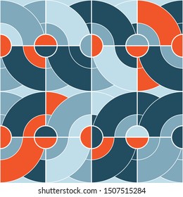 Geometric Vector Seamless Pattern In Retro Style . Modern Background With Circles And Semicircles Inspired By Midcentury Design.