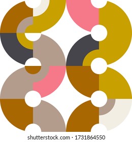 Geometric Vector Seamless Pattern In Retro Style . Modern Background With Circles And Semicircles Inspired By Midcentury Design.