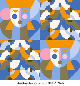 Geometric vector seamless pattern in retro style . Modern background with circles, semicircles and stylized female face in scandinavian design style,