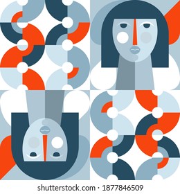 Geometric vector seamless pattern in retro style . Modern background with circles, semicircles and stylized female face in scandinavian design style,