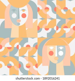 Geometric vector seamless pattern in retro style . Modern background with circles, semicircles and stylized female face in scandinavian design style,