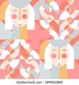 Geometric vector seamless pattern in retro style . Modern background with circles, semicircles and stylized female face in scandinavian design style,