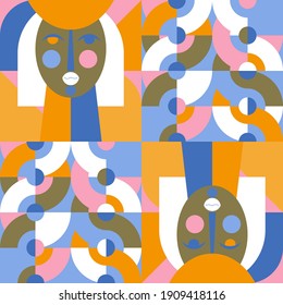 Geometric vector seamless pattern in retro style . Modern background with circles, semicircles and stylized female face in scandinavian design style,
