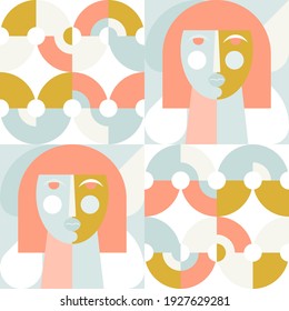 Geometric vector seamless pattern in retro style . Modern background with circles, semicircles and stylized female face in scandinavian design style,
