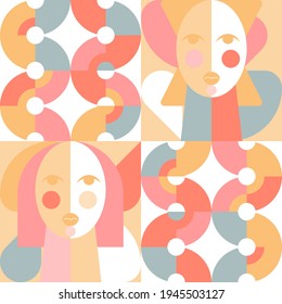 Geometric vector seamless pattern in retro style . Modern background with circles, semicircles and stylized female face in scandinavian design style,