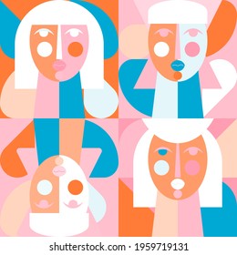 Geometric vector seamless pattern in retro style . Modern background with circles, semicircles and stylized female face in scandinavian design style,