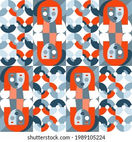 Geometric vector seamless pattern in retro style . Modern background with circles, semicircles and stylized female face in scandinavian design style,