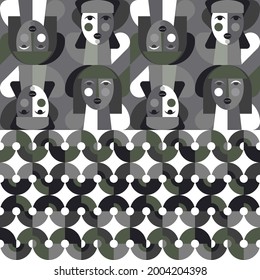 Geometric vector seamless pattern in retro style . Modern background with circles, semicircles and stylized female face in scandinavian design style,