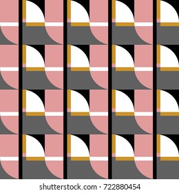 Geometric vector seamless pattern in retro style in pink, white, grey and black colors. Modern colorful background with simple shapes in bright colors.