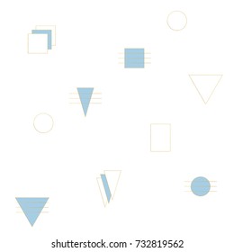 Geometric vector seamless pattern in retro style in light blue, gold and white colors. Modern  background with triangles, squares, circles and lines.