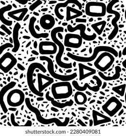 Geometric vector seamless pattern  shapes, curved lines and dots  in style Memphis . Grunge swirled brush stroke, curly and straight lines.  Straight brush strokes, triangles, circles, zigzag lines.
