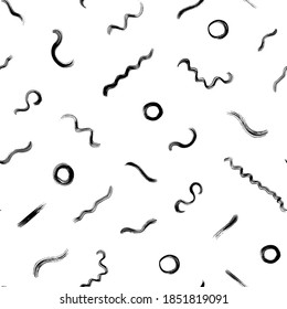 Geometric vector seamless pattern with wavy lines and circles. Grunge brush stroke round shapes and diagonal swirls. Hand drawn ink illustration. Hipster black paint geometric background. 